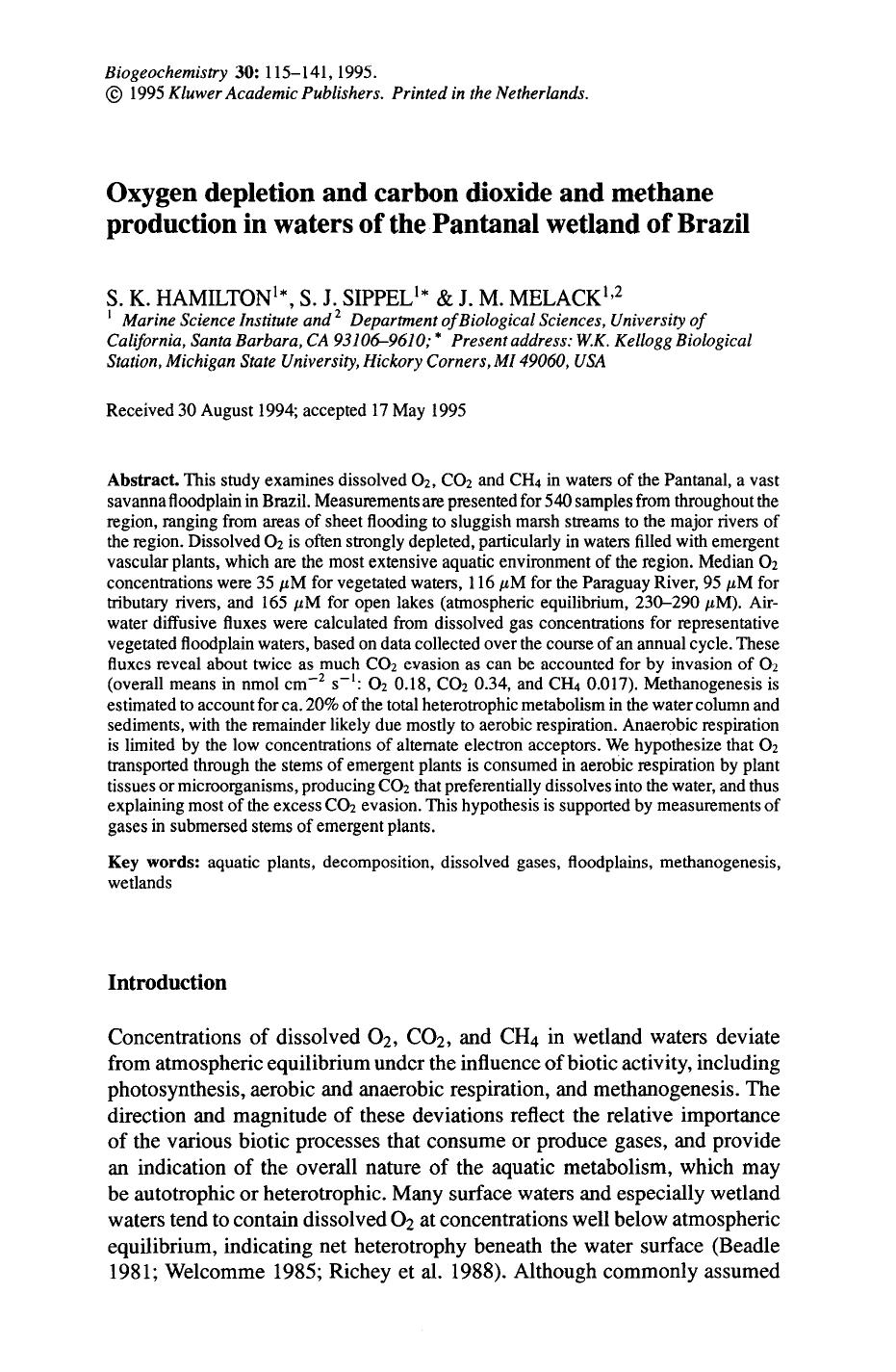 Oxygen depletion and carbon dioxide and methane production in waters of the Pantanal wetland of Brazil by Unknown