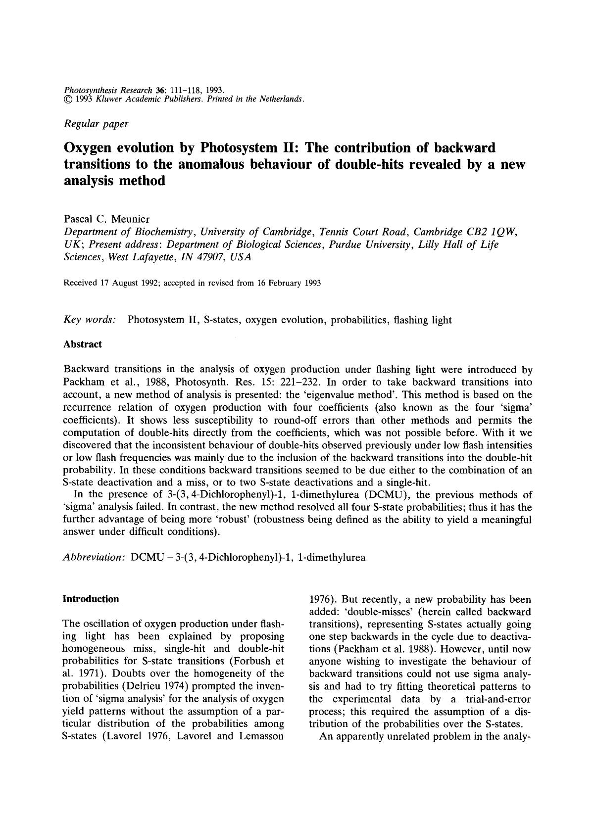 Oxygen evolution by Photosystem II: The contribution of backward transitions to the anomalous behaviour of double-hits revealed by a new analysis method by Unknown