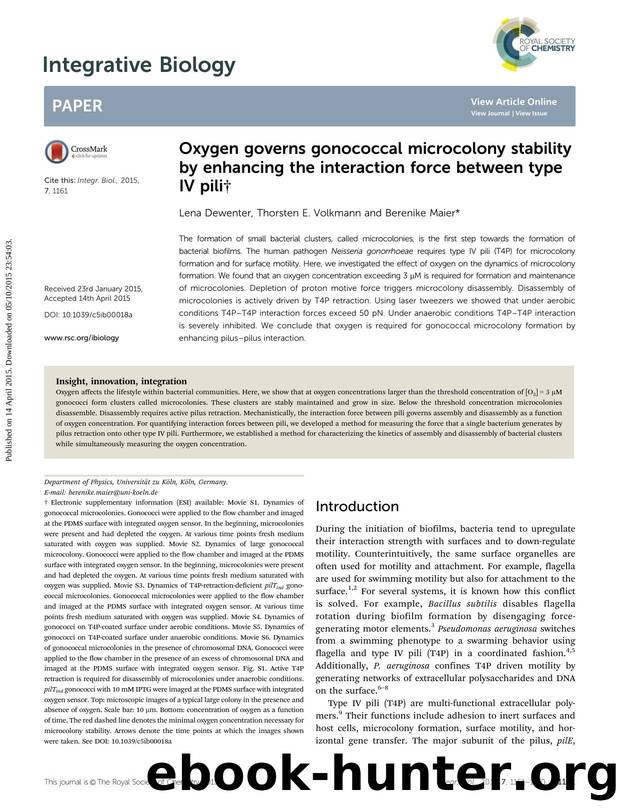 Oxygen governs gonococcal microcolony stability by enhancing the interaction force between type IV pili by Lena Dewenter & Thorsten E. Volkmann & Berenike Maier