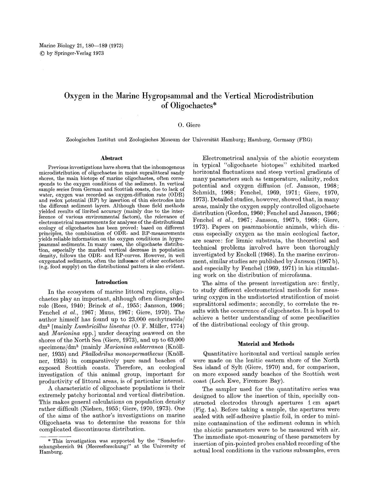 Oxygen in the marine hygropsammal and the vertical microdistribution of oligochaetes by Unknown