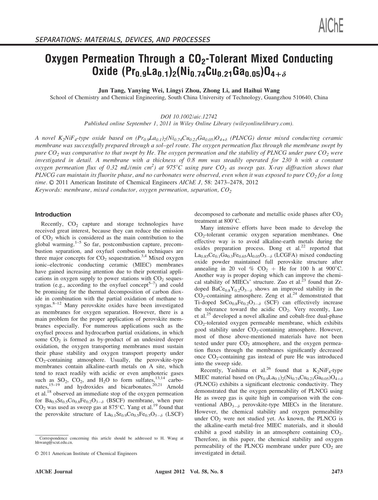 Oxygen permeation through a CO2tolerant mixed conducting oxide (Pr0.9La0.1)2(Ni0.74Cu0.21Ga0.05)O4+ by Unknown