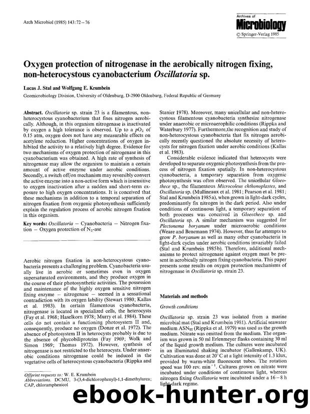 Oxygen protection of nitrogenase in the aerobically nitrogen fixing, non-heterocystous cyanobacterium <Emphasis Type="Italic">Oscillatoria<Emphasis> sp. by Unknown