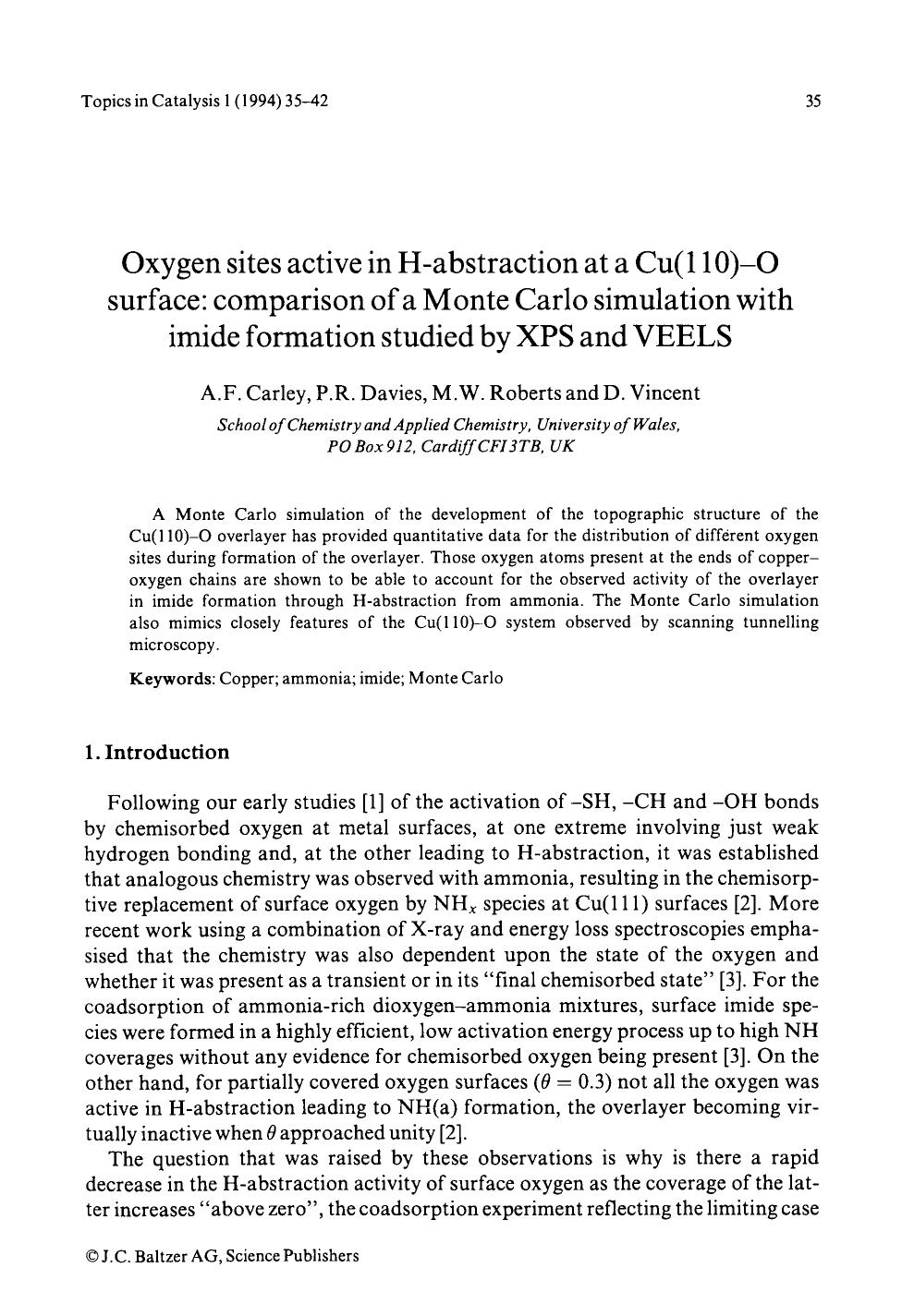 Oxygen sites active in H-abstraction at a Cu(110)-O surface: Comparison of a Monte Carlo simulation with imide formation studied by XPS and VEELS by Unknown