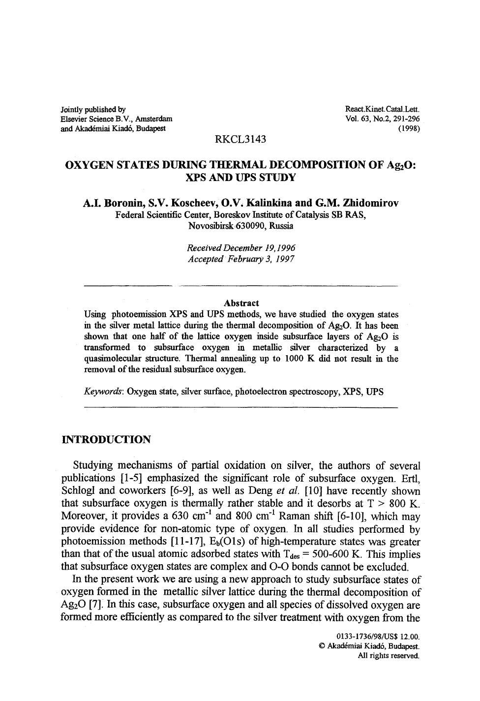 Oxygen states during thermal decomposition of Ag <Subscript>2 <Subscript>O: XPS and UPS study by Unknown