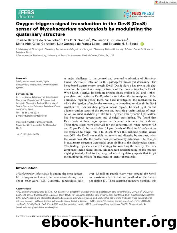 Oxygen triggers signal transduction in the DevS (DosS) sensor of Mycobacterium tuberculosis by modulating the quaternary structure by Unknown