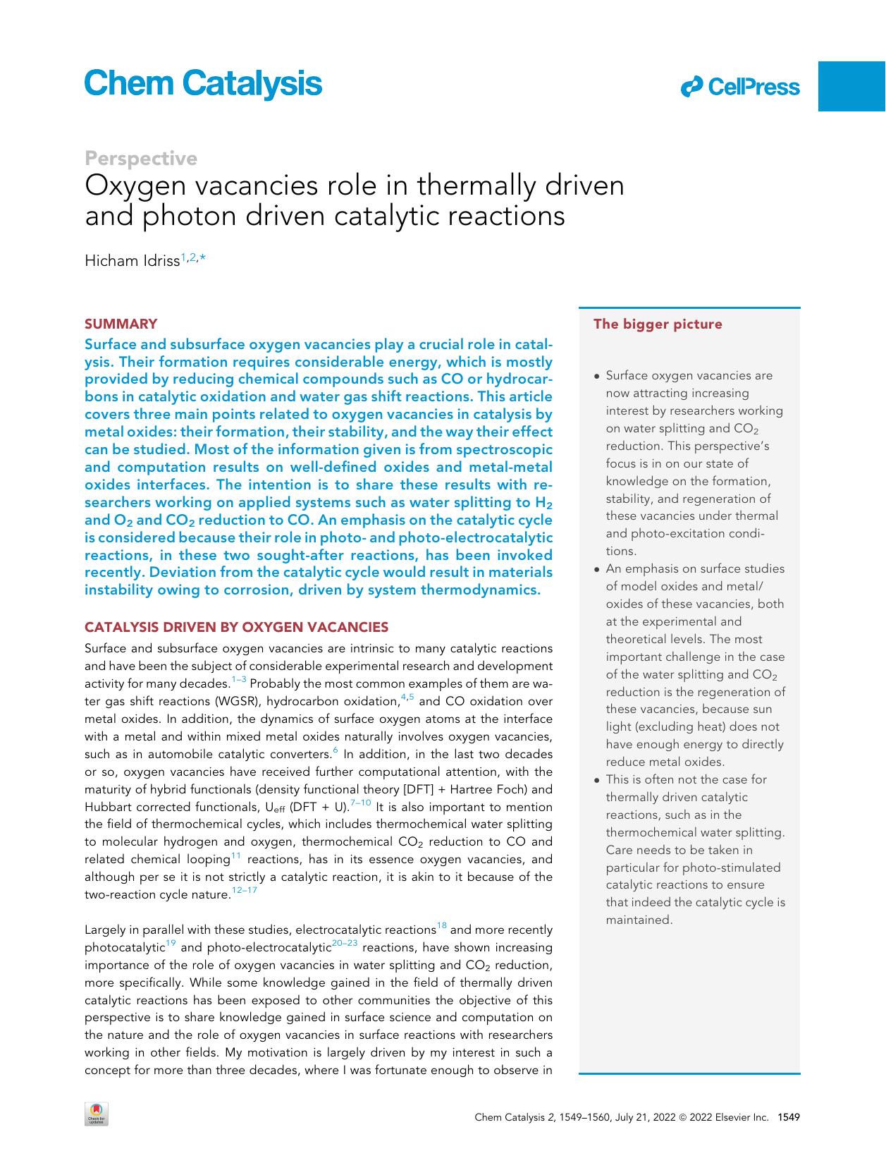 Oxygen vacancies role in thermally driven and photon driven catalytic reactions by Hicham Idriss