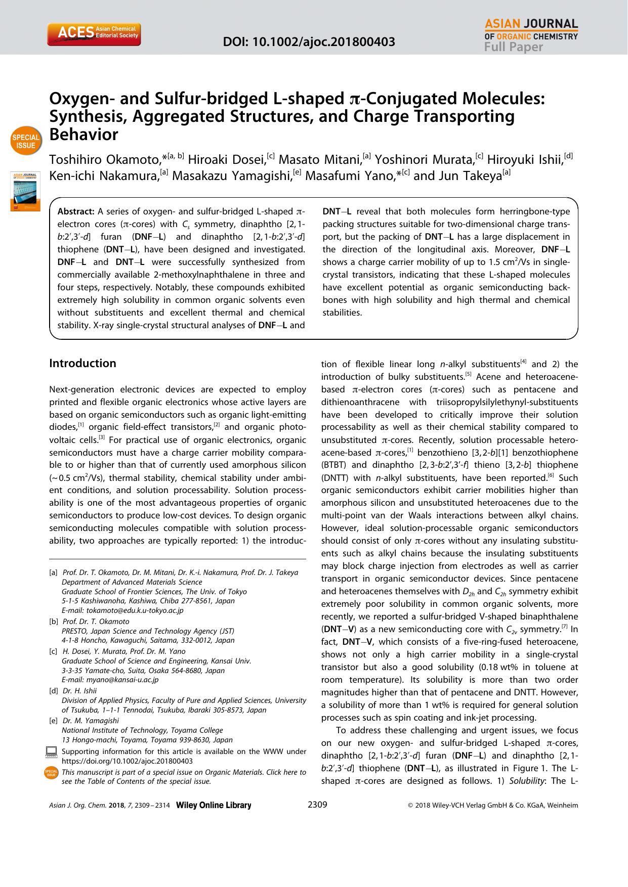 Oxygenâ and Sulfurâbridged Lâshaped ÏâConjugated Molecules: Synthesis, Aggregated Structures, and Charge Transporting Behavior by Unknown