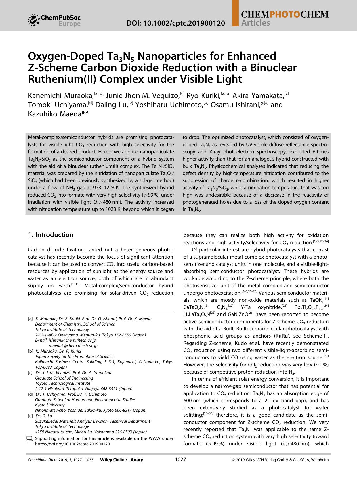 OxygenâDoped Ta3N5 Nanoparticles for Enhanced ZâScheme Carbon Dioxide Reduction with a Binuclear Ruthenium(II) Complex under Visible Light by Unknown
