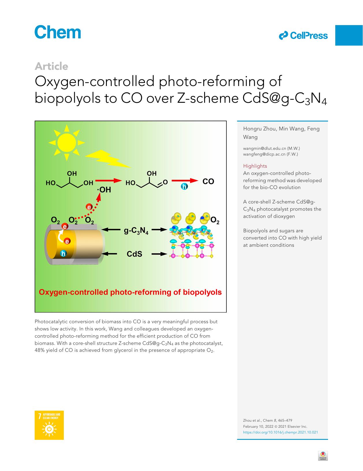 Oxygen-controlled photo-reforming of biopolyols to CO over Z-scheme CdS@g-C3N4 by Hongru Zhou & Min Wang & Feng Wang