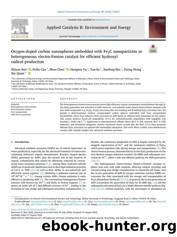 Oxygen-doped carbon nanospheres embedded with Fe2C nanoparticles as heterogeneous electro-Fenton catalyst for efficient hydroxyl radical production by Shiyan Sun & Peike Cao & Shuo Chen & Hongtao Yu & Yan Su & Xuefeng Sha & Zixing Wang & Xie Quan