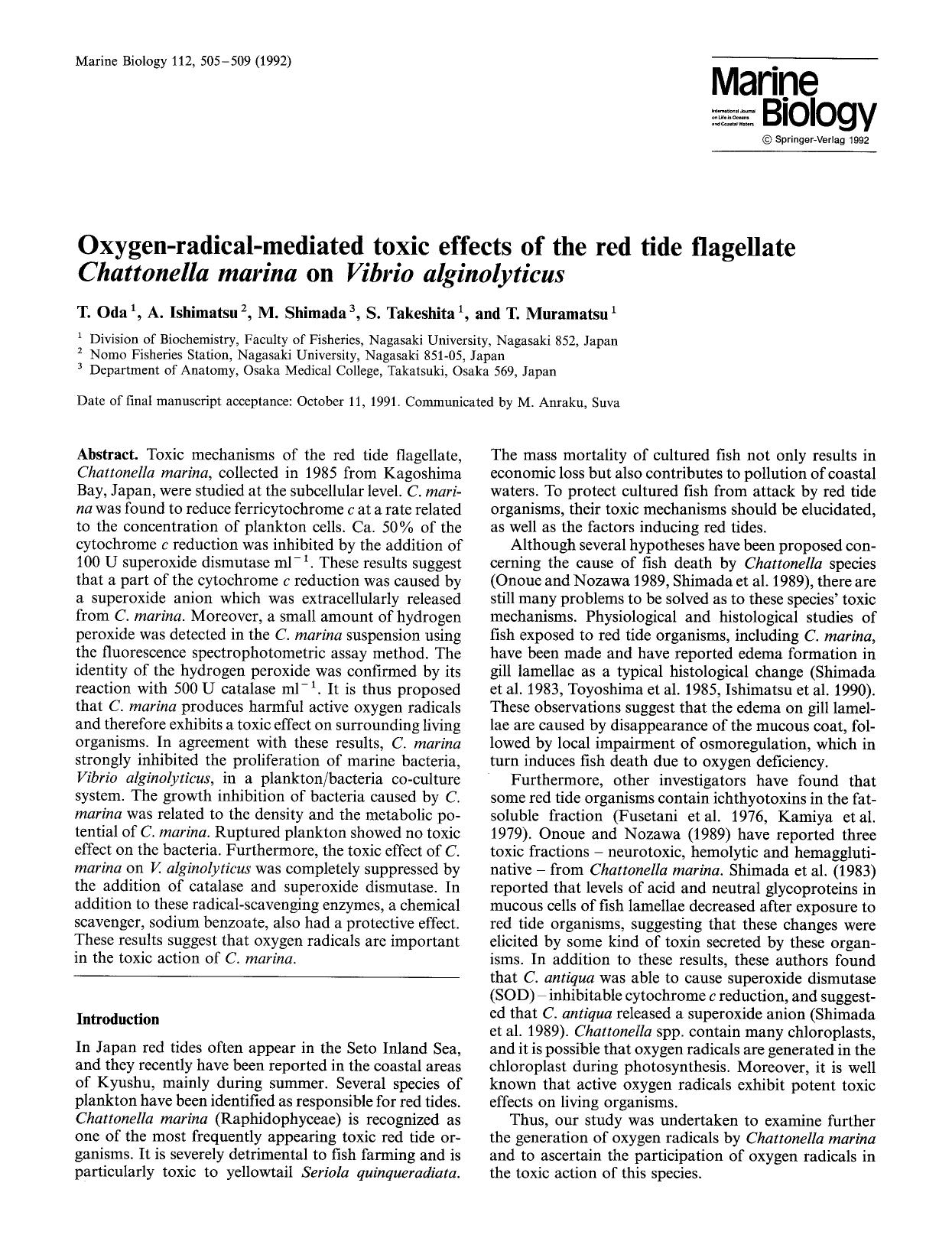 Oxygen-radical-mediated toxic effects of the red tide flagellate <Emphasis Type="Italic">Chattonella marina<Emphasis> on <Emphasis Type="Italic">Vibrio alginolyticus<Emphasis> by Unknown