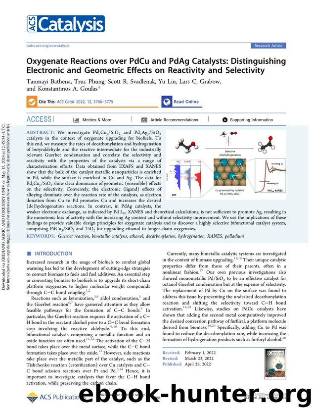 Oxygenate Reactions over PdCu and PdAg Catalysts: Distinguishing Electronic and Geometric Effects on Reactivity and Selectivity by Tanmayi Bathena Truc Phung Scott R. Svadlenak Yu Liu Lars C. Grabow & Konstantinos A. Goulas