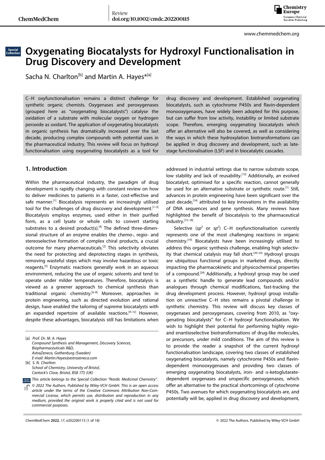Oxygenating Biocatalysts for Hydroxyl Functionalisation in Drug Discovery and Development by Unknown