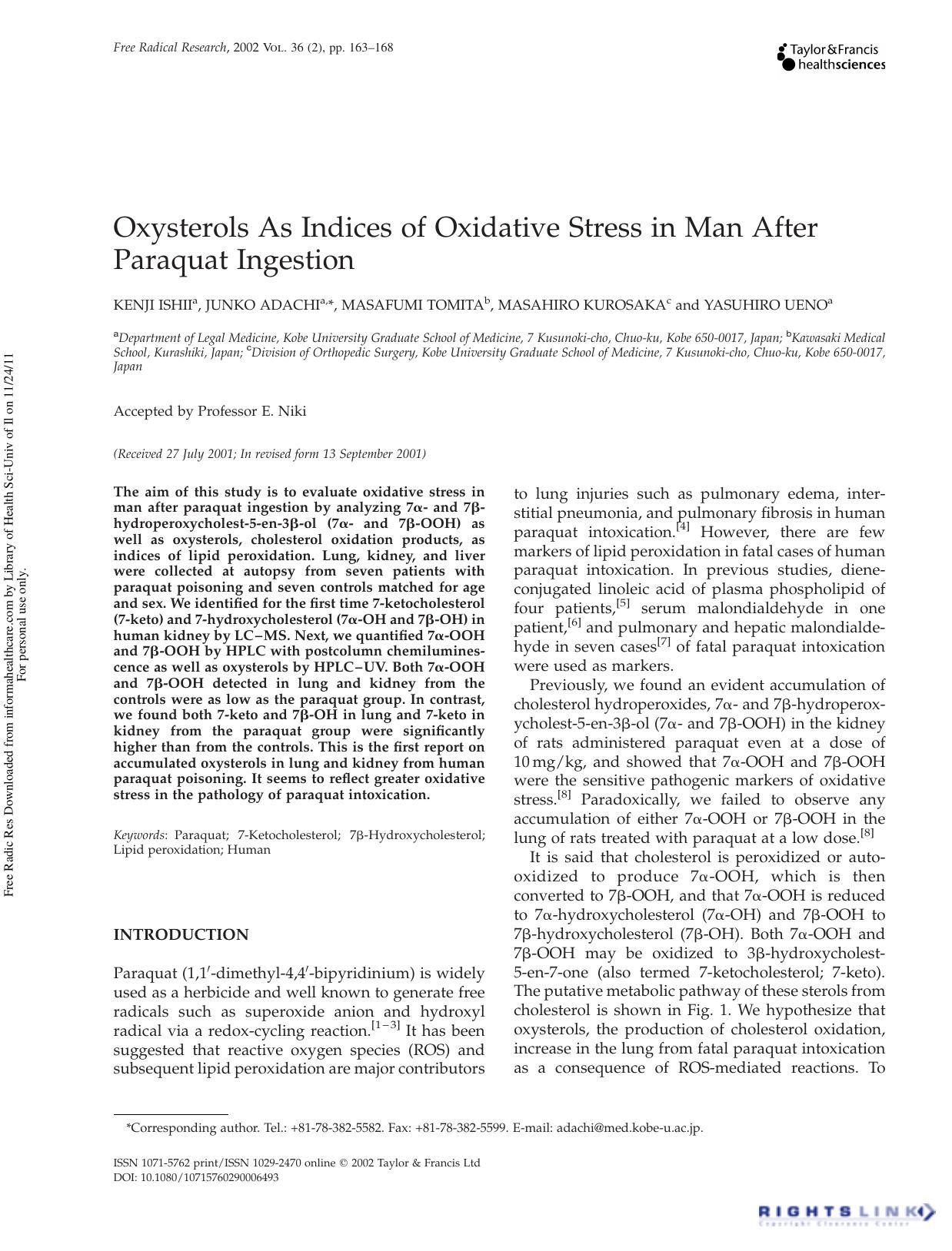 Oxysterols As Indices of Oxidative Stress in Man After Paraquat Ingestion by Kenji Ishii1 Junko Adachi1 Masafumi Tomita2 Masahiro Kurosaka3 & Yasuhiro Ueno1