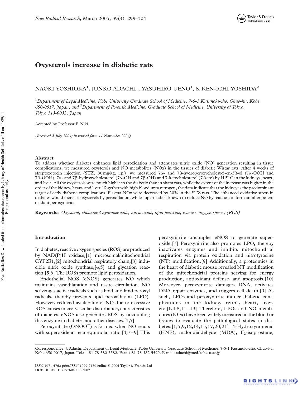 Oxysterols increase in diabetic rats by Naoki Yoshioka 1 Junko Adachi 1 Yasuhiro Ueno 1 & Ken-Ichi Yoshida 2