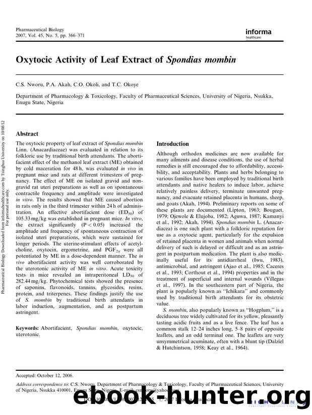 Oxytocic Activity of Leaf Extract of Spondias mombin. by C.S. Nworu P.A. Akah C.O. Okoli & T.C. Okoye