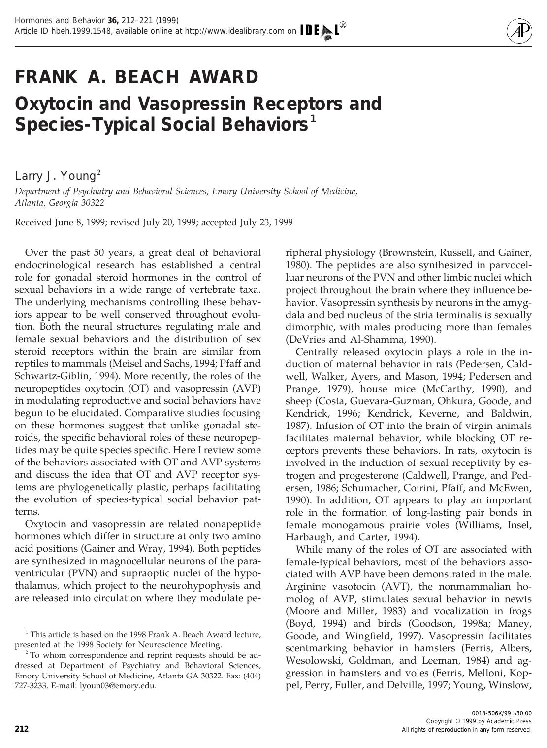 Oxytocin and Vasopressin Receptors and Species-Typical Social Behaviors by Young L. J