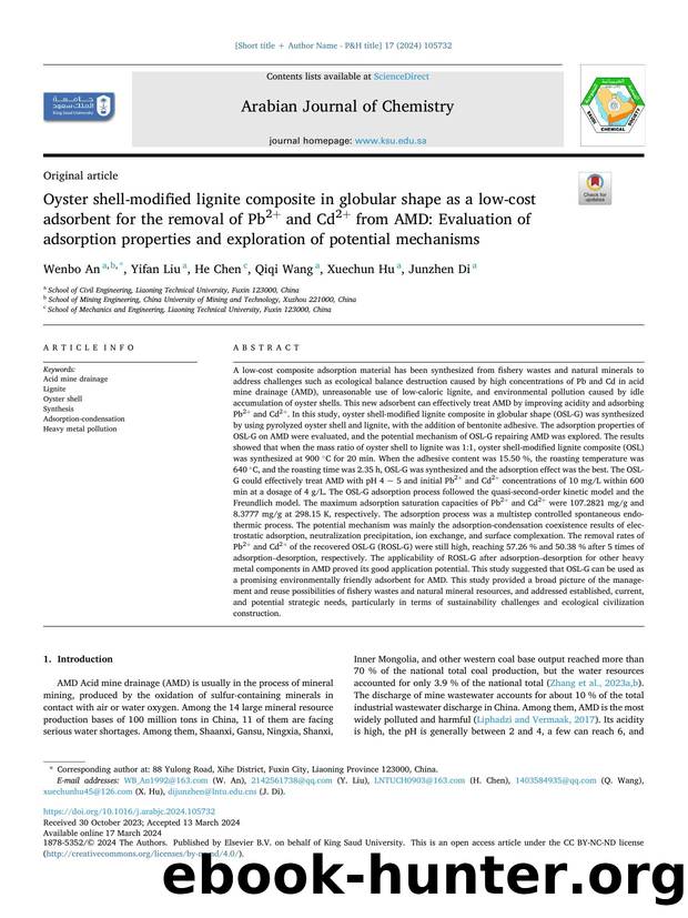Oyster shell-modified lignite composite in globular shape as a low-cost adsorbent for the removal of Pb2+ and Cd2+ from AMD: Evaluation of adsorption properties and exploration of potential mechanisms by Wenbo An & Yifan Liu & He Chen & Qiqi Wang & Xuechun Hu & Junzhen Di