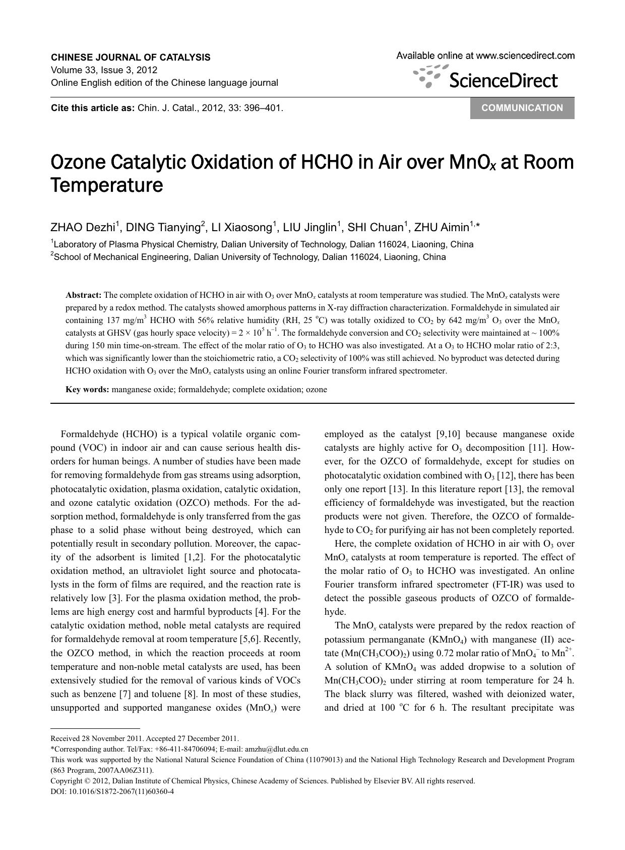 Ozone Catalytic Oxidation of HCHO in Air over MnOx at Room Temperature by Dezhi ZHAO & Tianying DING & Xiaosong LI & Jinglin LIU & Chuan SHI & Aimin ZHU