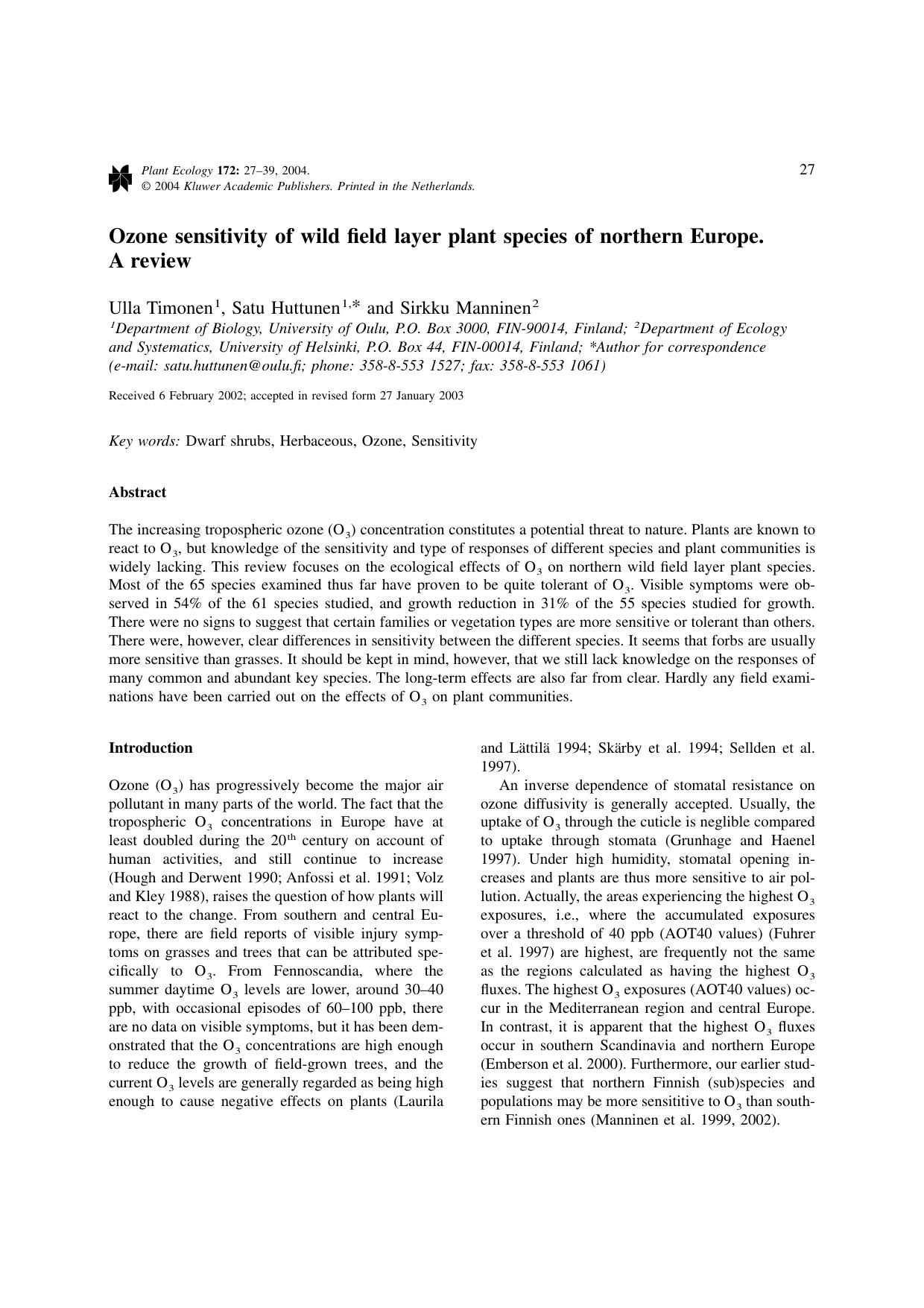 Ozone sensitivity of wild field layer plant species of northern Europe. A review by Unknown