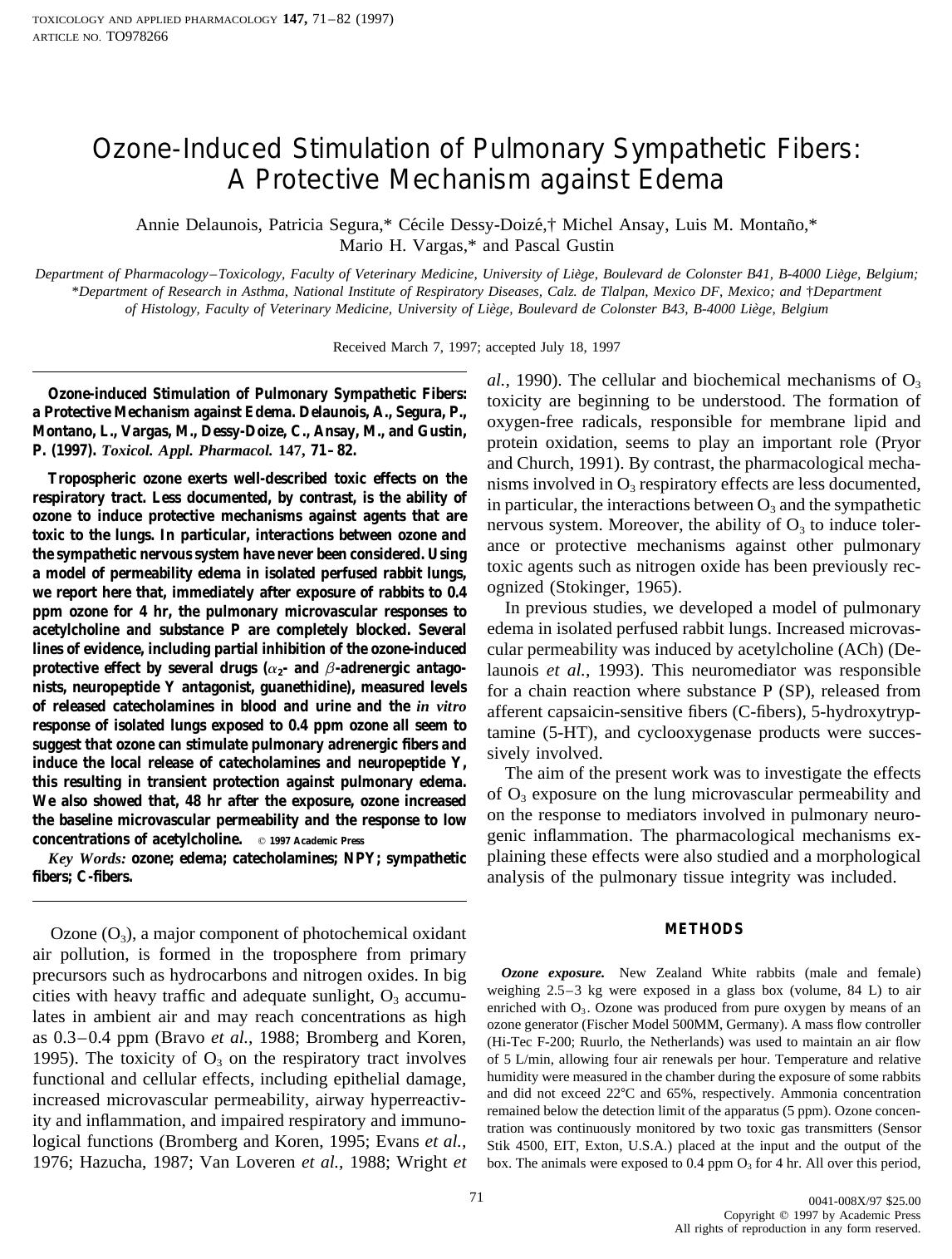Ozone-Induced Stimulation of Pulmonary Sympathetic Fibers: A Protective Mechanism against Edema by Delaunois A. et al