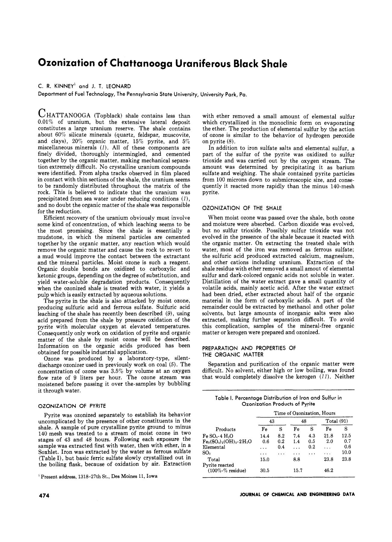 Ozonization of Chattanooga Uraniferous Black Shale by C. R. KINNEY J. T. LEONARD