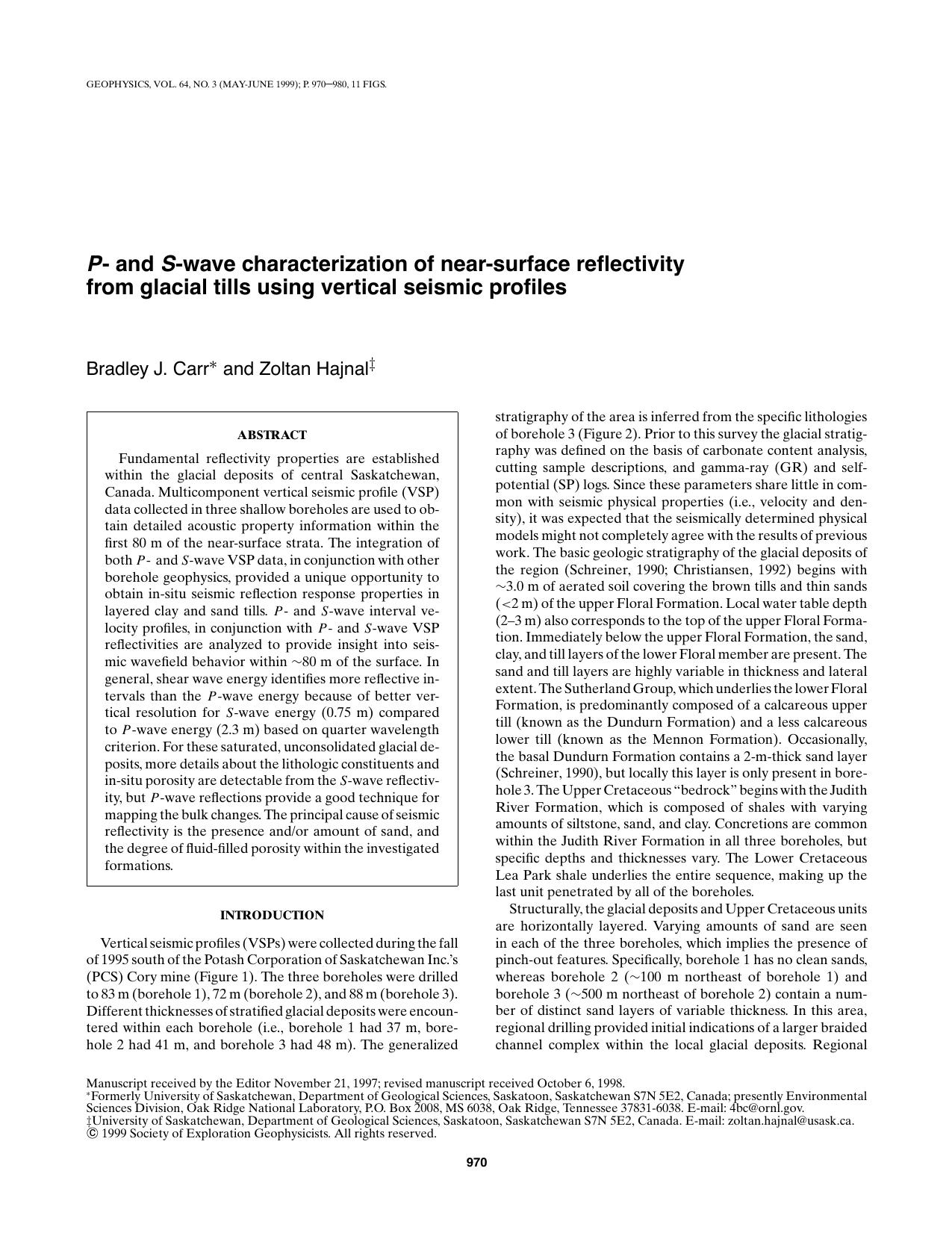 P- and S- wave characterization of near-surface reflectivity from glacial tills by B. J. Carr Z. Hajnal