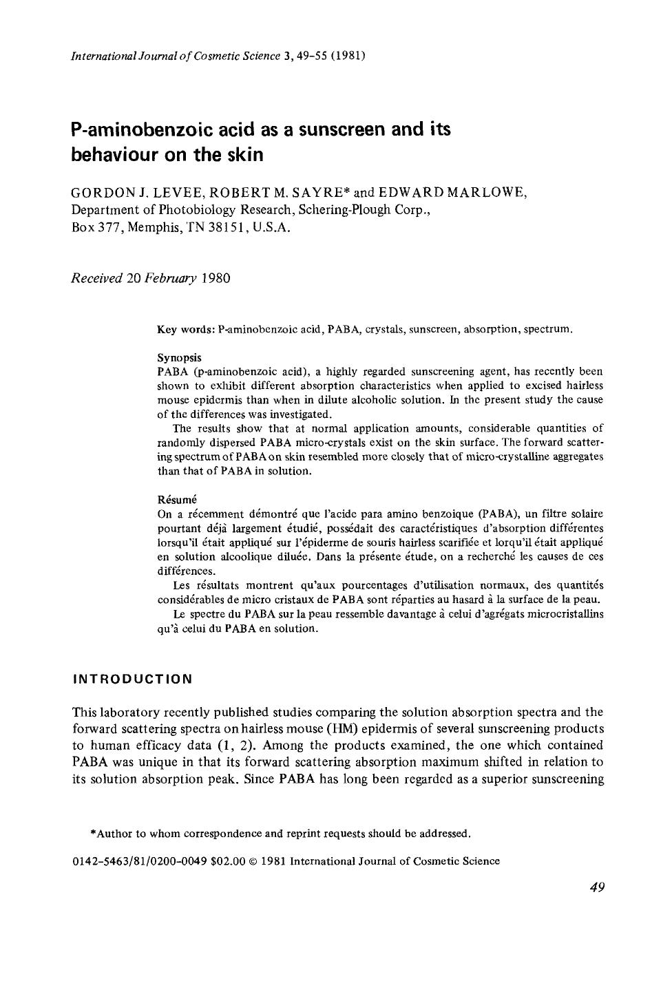 P-aminobenzoic acid as a sunscreen and its behaviour on the skin by Unknown