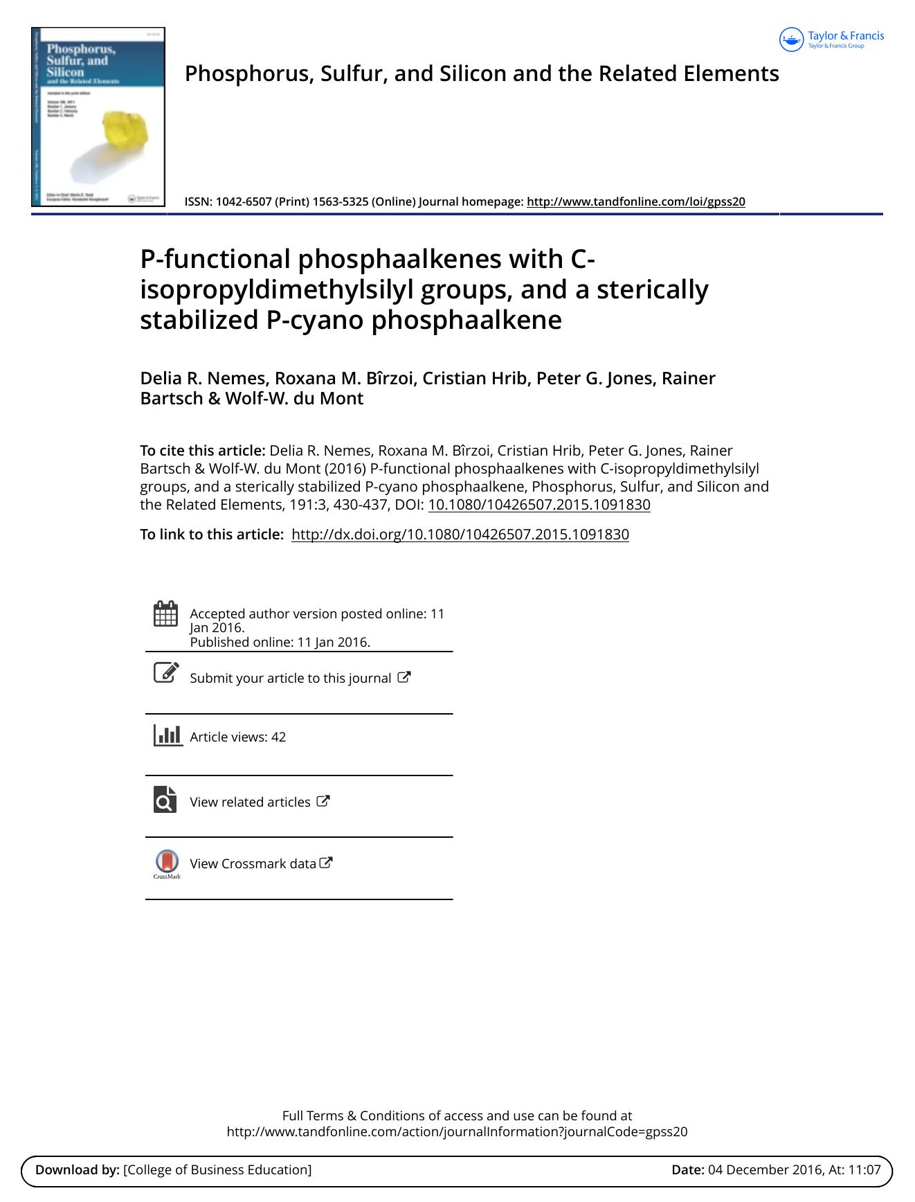P-functional phosphaalkenes with Ppropyldimethylsilyl groups, and a sterically stabilized P-cyano phosphaalkene by Delia R. Nemes & Roxana M. Brzoi & Cristian Hrib & Peter G. Jones & Rainer Bartsch & Wolf-W. du Mont