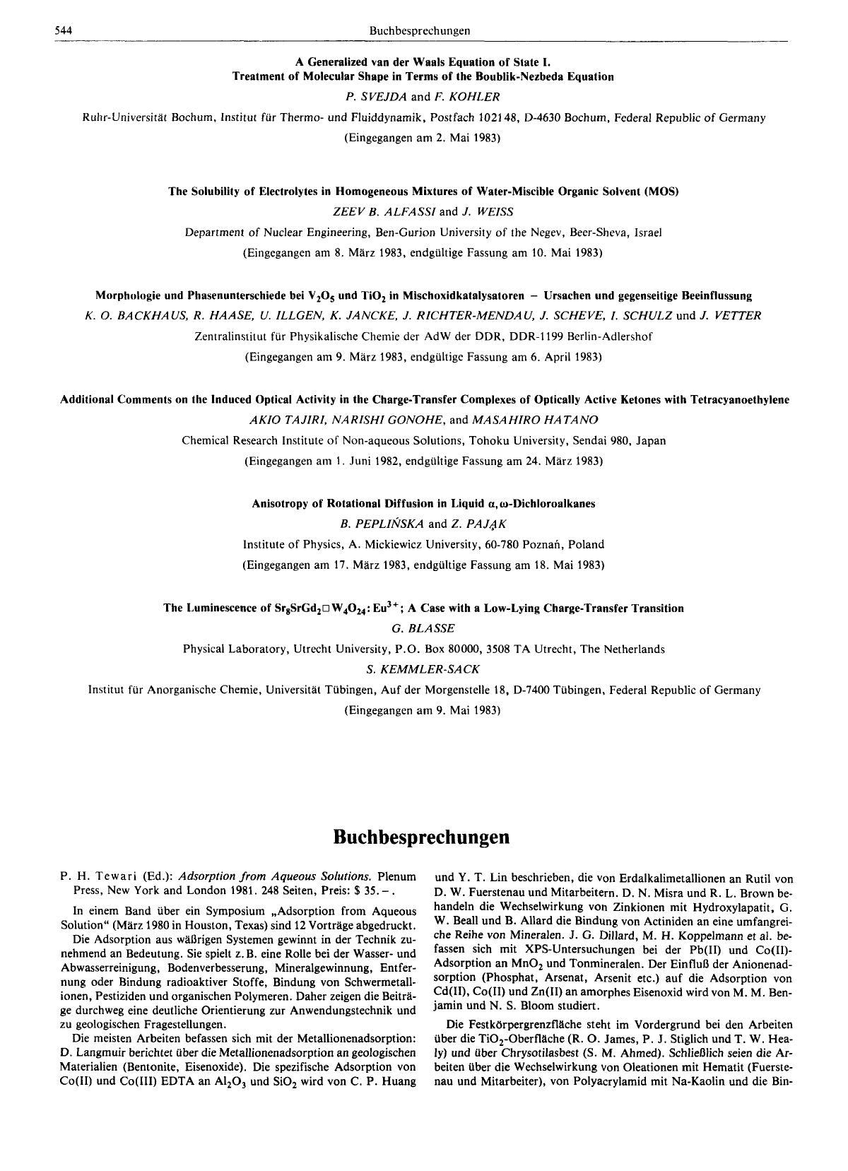 P. H. Tewari (Ed.): Adsorption from Aqueous Solutions. Plenum Press, New York and London 1981. 248 Seiten, Preis: [dollar] 35.- by Unknown