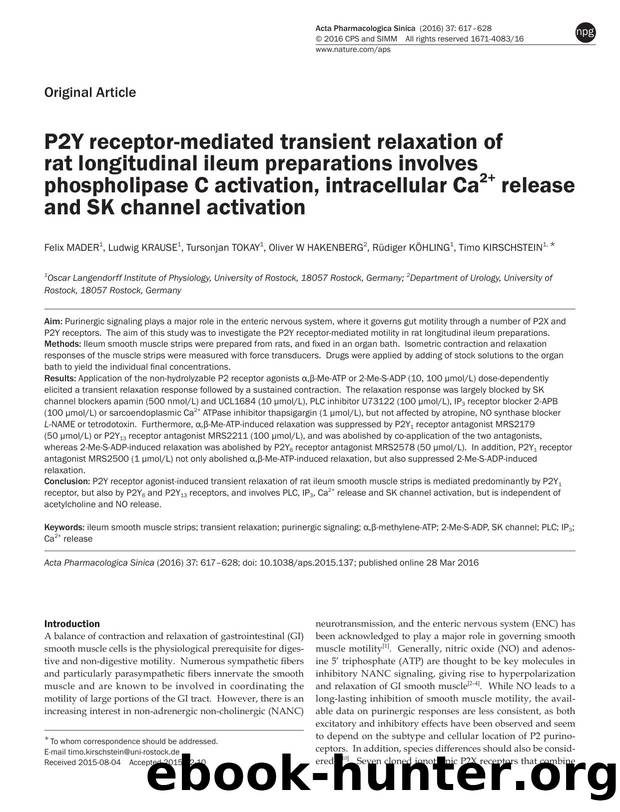P2Y receptor-mediated transient relaxation of rat longitudinal ileum preparations involves phospholipase C activation, intracellular Ca2+ release and SK channel activation by unknow