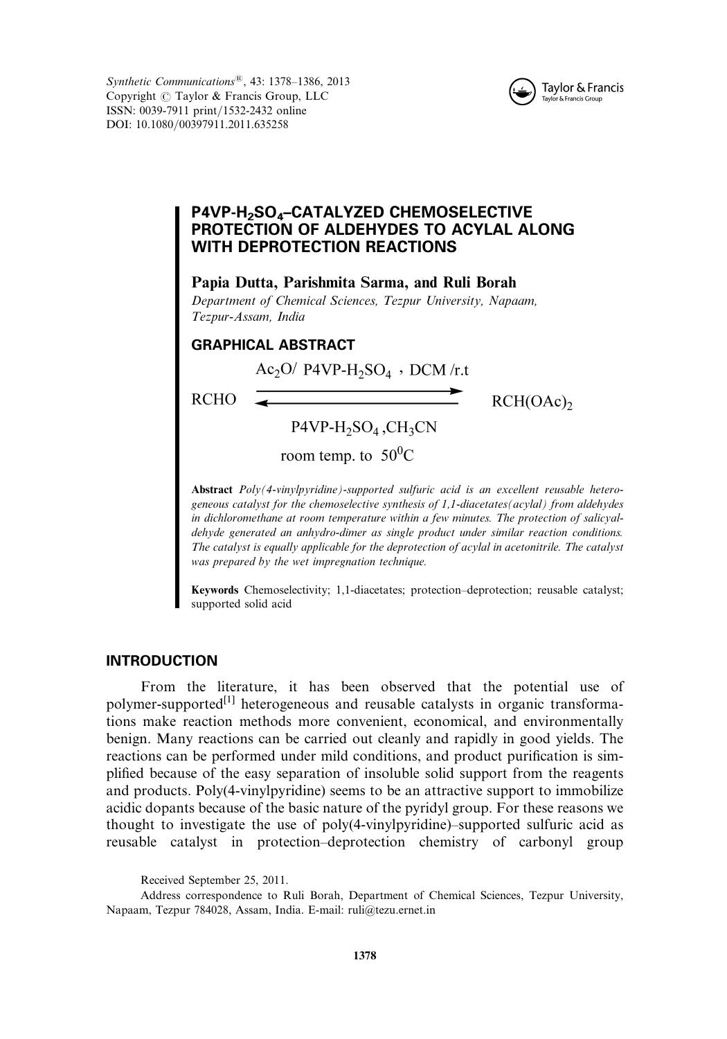 P4VP-H2SO4âCatalyzed Chemoselective Protection of Aldehydes to Acylal Along with Deprotection Reactions by Papia Dutta Parishmita Sarma & Ruli Borah