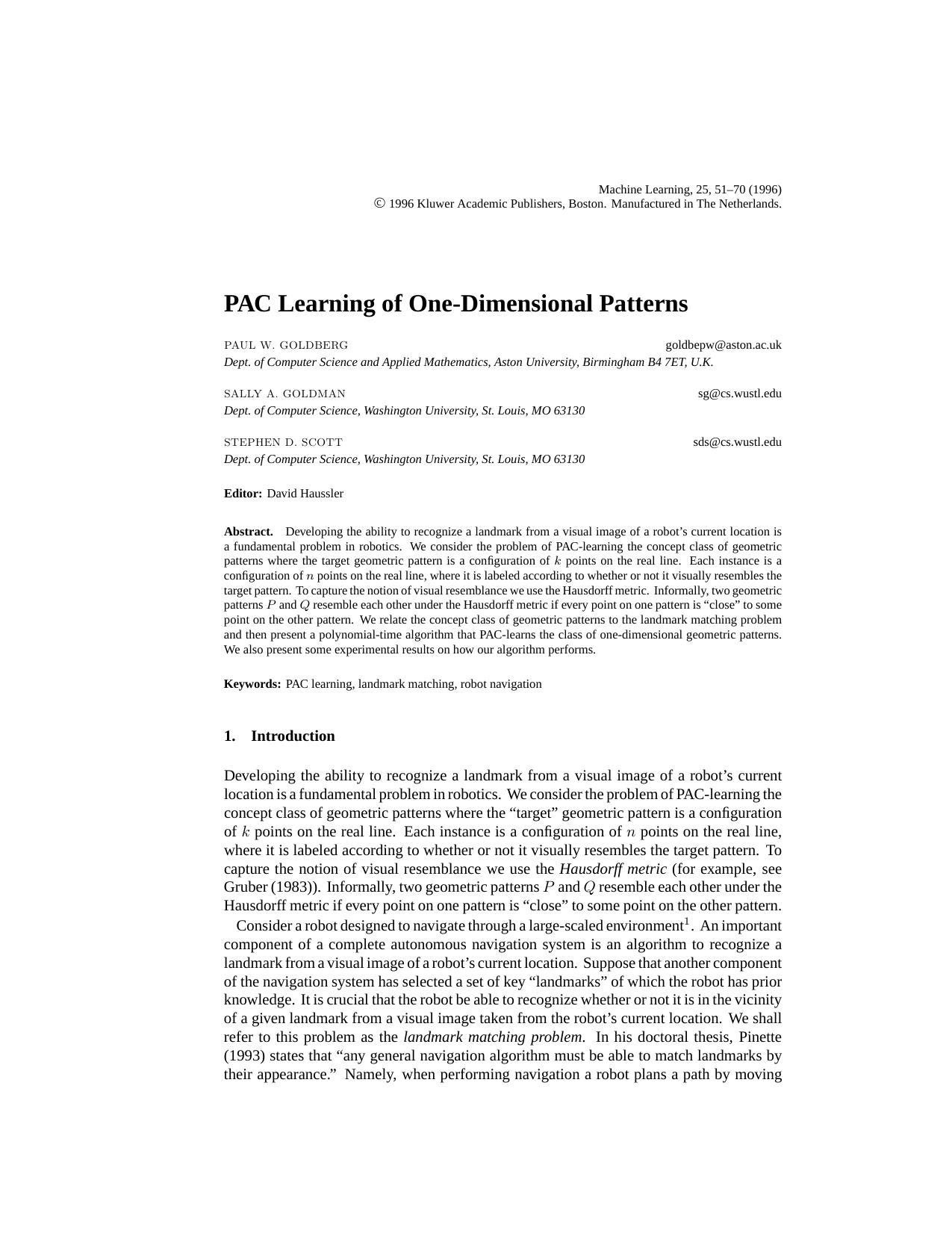 PAC Learning of One-Dimensional Patterns by PAC Learning of One-Dimensional Patterns