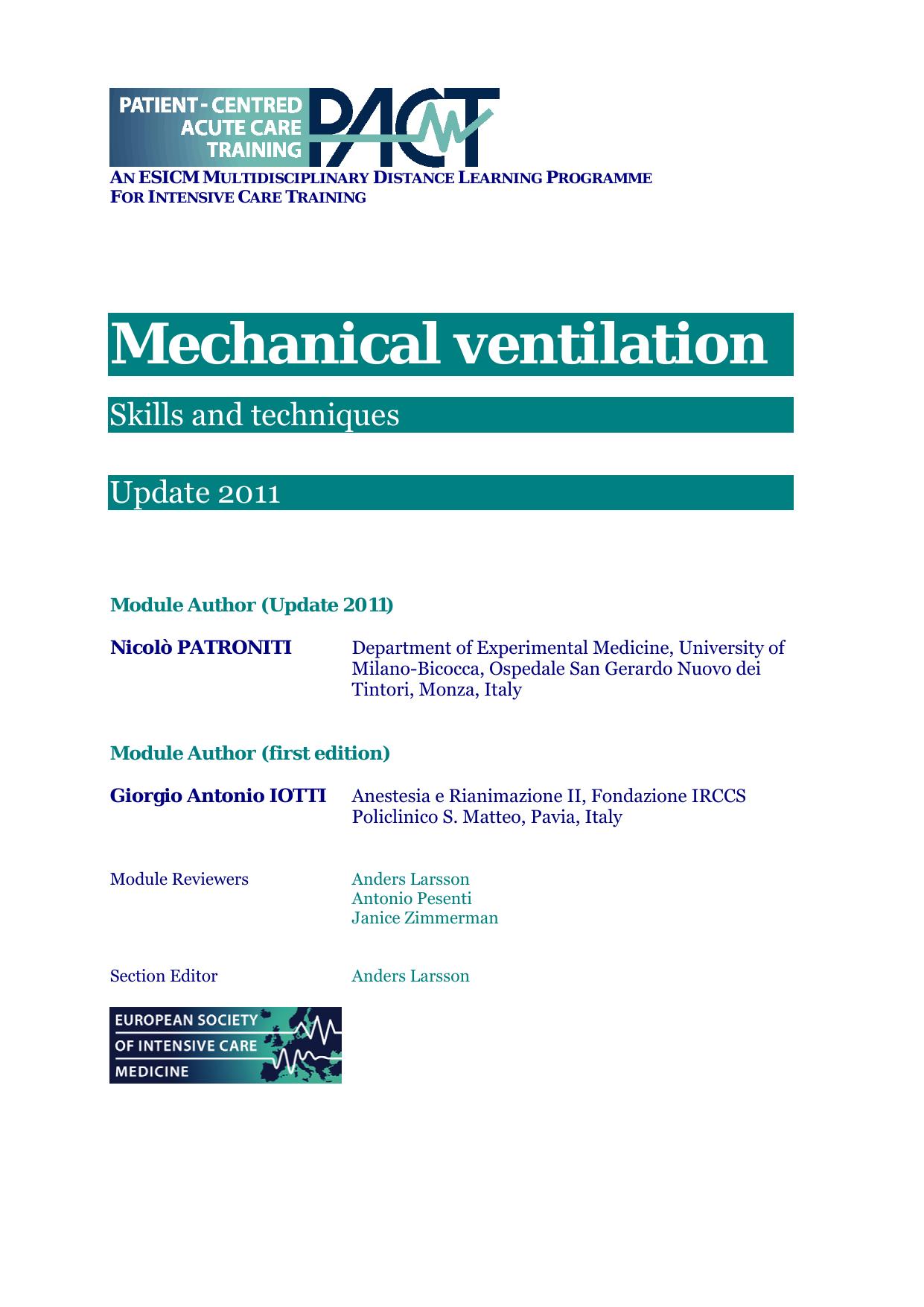PACT - European Society of Intensive Care Medicine by Mechanical ventilation Skills and techniques Update 2011