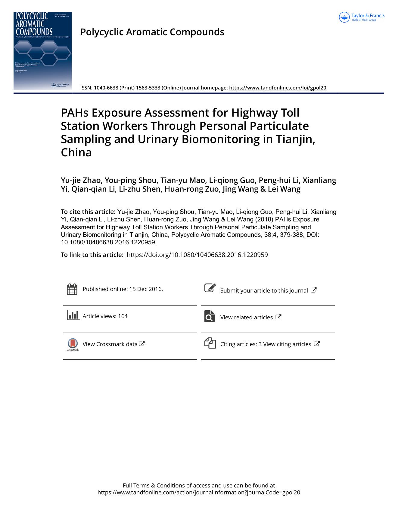 PAHs Exposure Assessment for Highway Toll Station Workers Through Personal Particulate Sampling and Urinary Biomonitoring in Tianjin, China by unknow