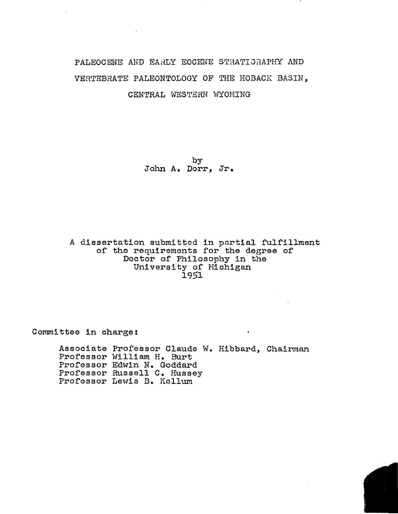PALEOCENE AND EARLY EOCENE STRATIGRAPHY AND VERTEBRATE PALEONTOLOGY OF THE HOBACK BASIN, CENTRAL WESTERN WYOMING by DORR JOHN ADAM JR