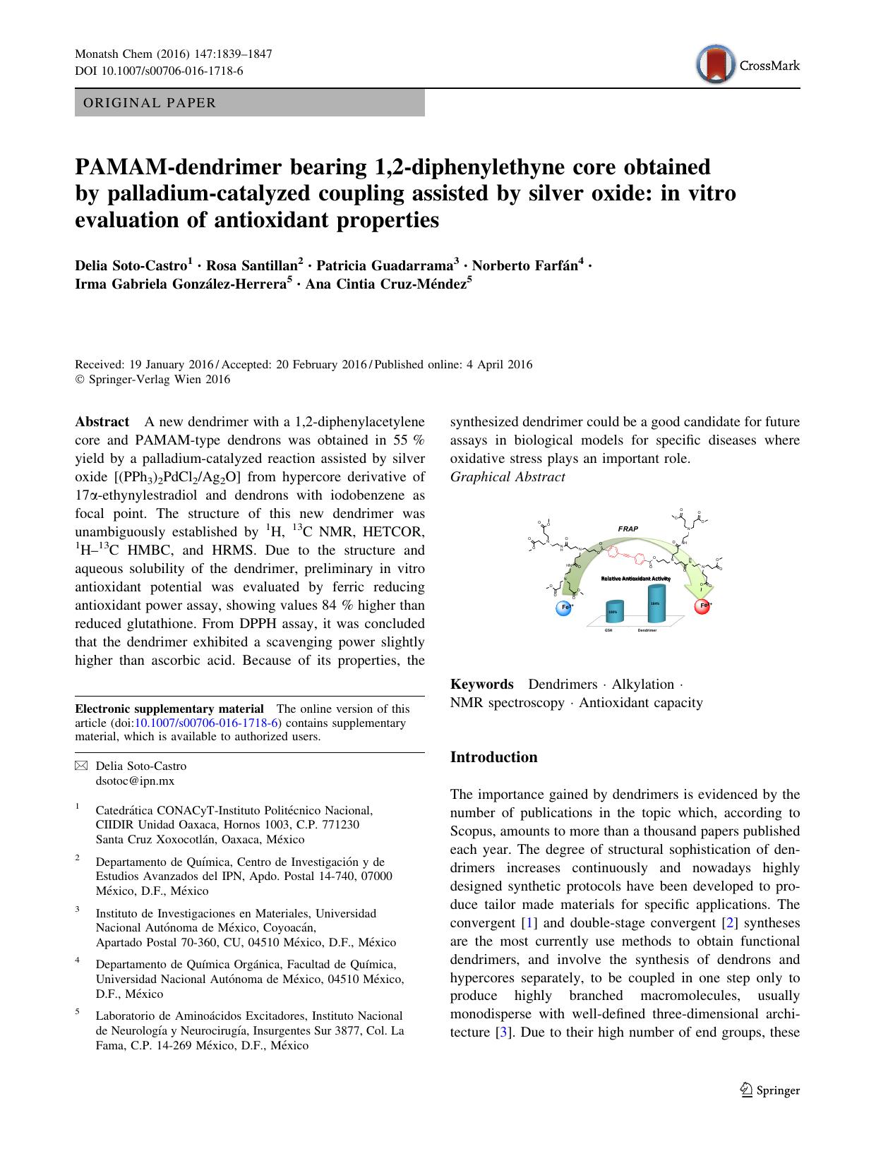 PAMAM-dendrimer bearing 1,2-diphenylethyne core obtained by palladium-catalyzed coupling assisted by silver oxide: in vitro evaluation of antioxidant properties by unknow