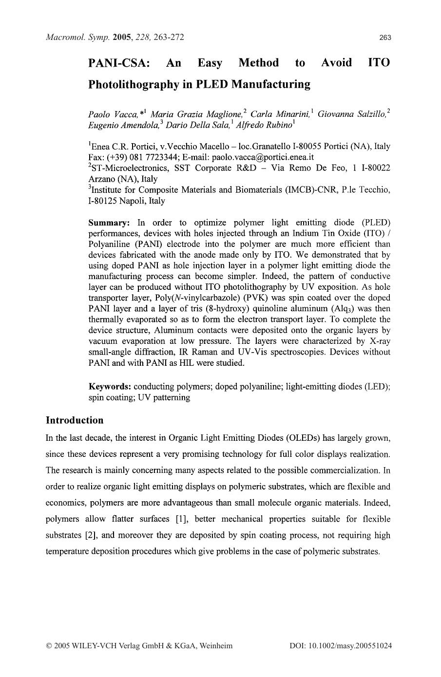 PANI-CSA[colon] An Easy Method to Avoid ITO Photolithography in PLED Manufacturing by Unknown