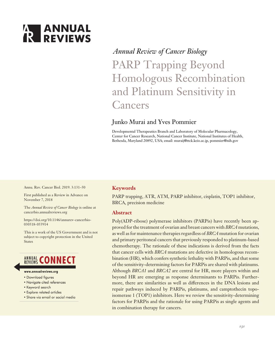 PARP Trapping Beyond Homologous Recombination and Platinum Sensitivity in Cancers by Junko Murai and Yves Pommier