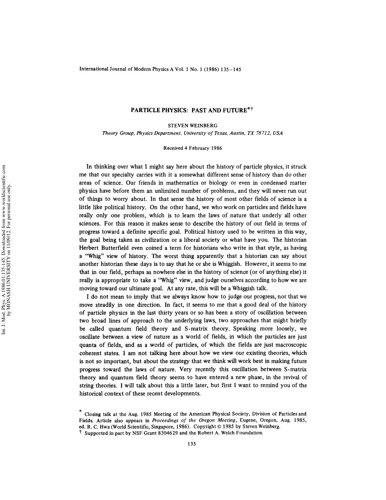 PARTICLE PHYSICS: PAST AND FUTURE by STEVEN WEINBERG