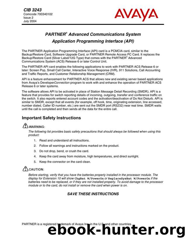 PARTNER Advanced Communications System Application Programming Interface (API) by Unknown