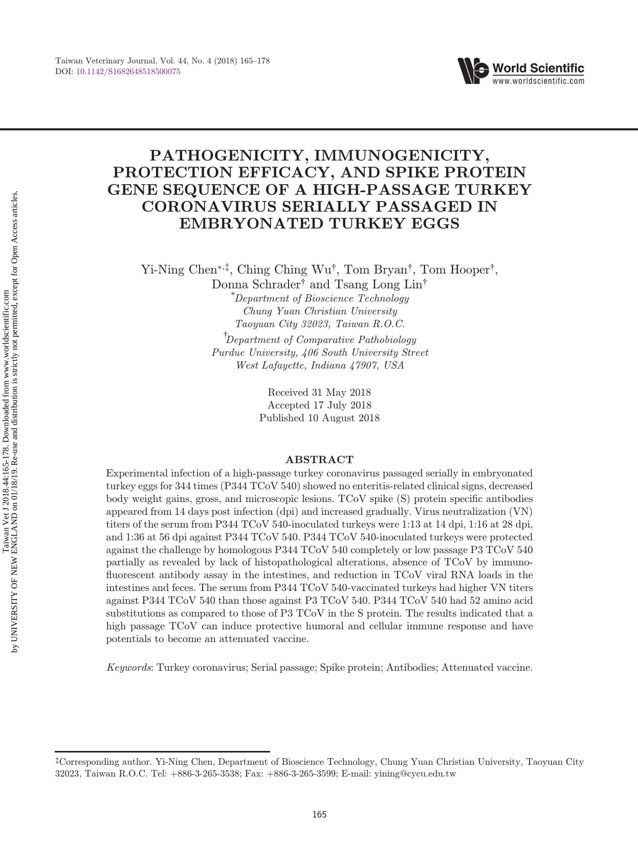 PATHOGENICITY, IMMUNOGENICITY, PROTECTION EFFICACY, AND SPIKE PROTEIN GENE SEQUENCE OF A HIGH-PASSAGE TURKEY CORONAVIRUS SERIALLY PASSAGED IN EMBRYONATED TURKEY EGGS by unknow