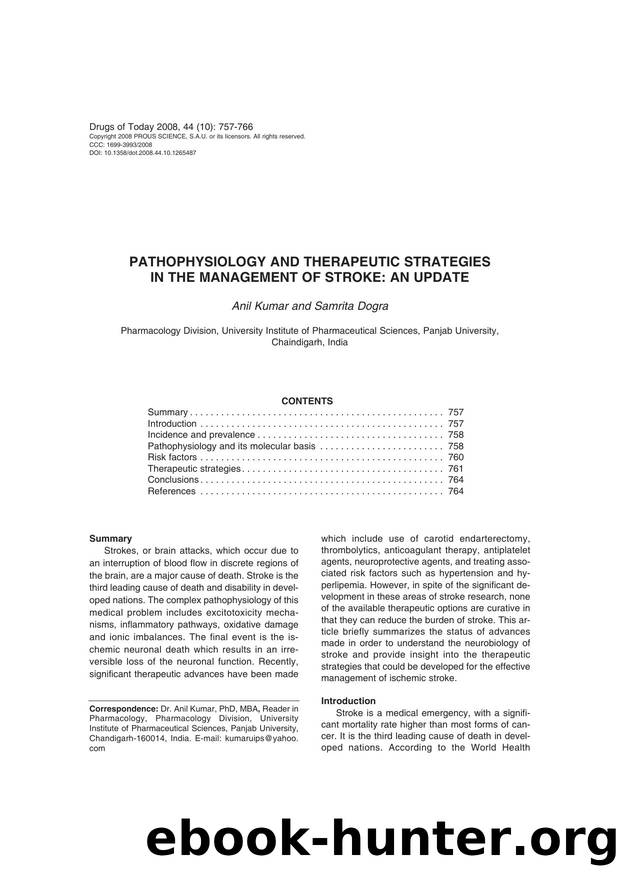 PATHOPHYSIOLOGY AND THERAPEUTIC STRATEGIES IN THE MANAGEMENT OF STROKE: AN UPDATE by Copyright 2008 Prous Science S.A.U. or its licensors