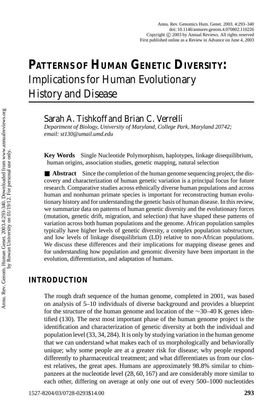 PATTERNS OF HUMAN GENETIC DIVERSITY: Implications for Human Evolutionary History and Disease by Sarah A. Tishkoff & Brian C. Verrelli