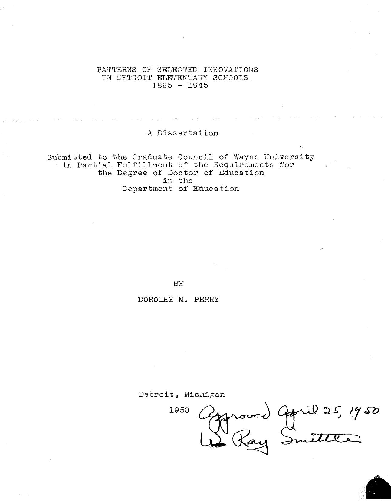 PATTERNS OF SELECTED INNOVATIONS IN DETROIT ELEMENTARY SCHOOLS 1895-1945 by PERRY DOROTHY M