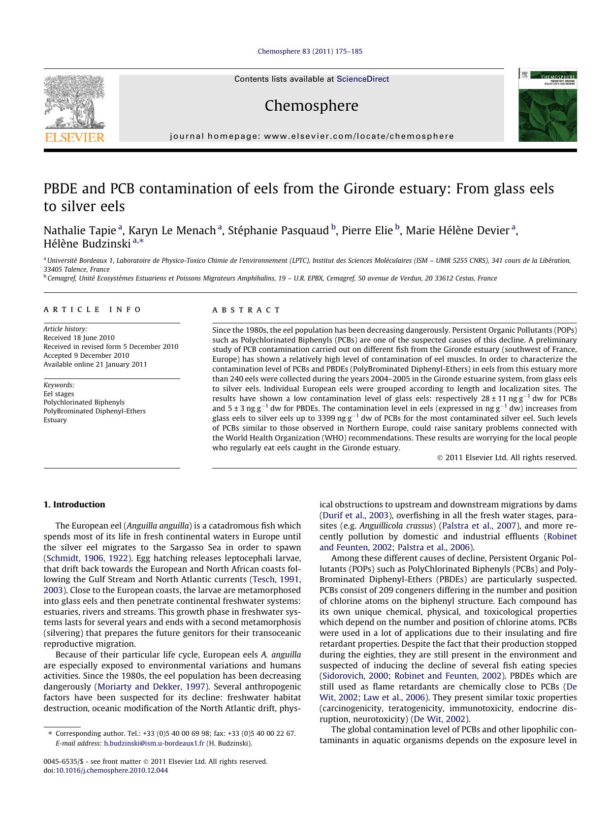 PBDE and PCB contamination of eels from the Gironde estuary: From glass eels to silver eels by unknow