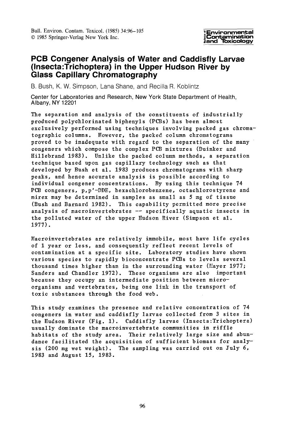 PCB Congener analysis of water and caddisfly larvae (Insecta:Trichoptera) in the upper Hudson River by glass capillary chromatography by Unknown
