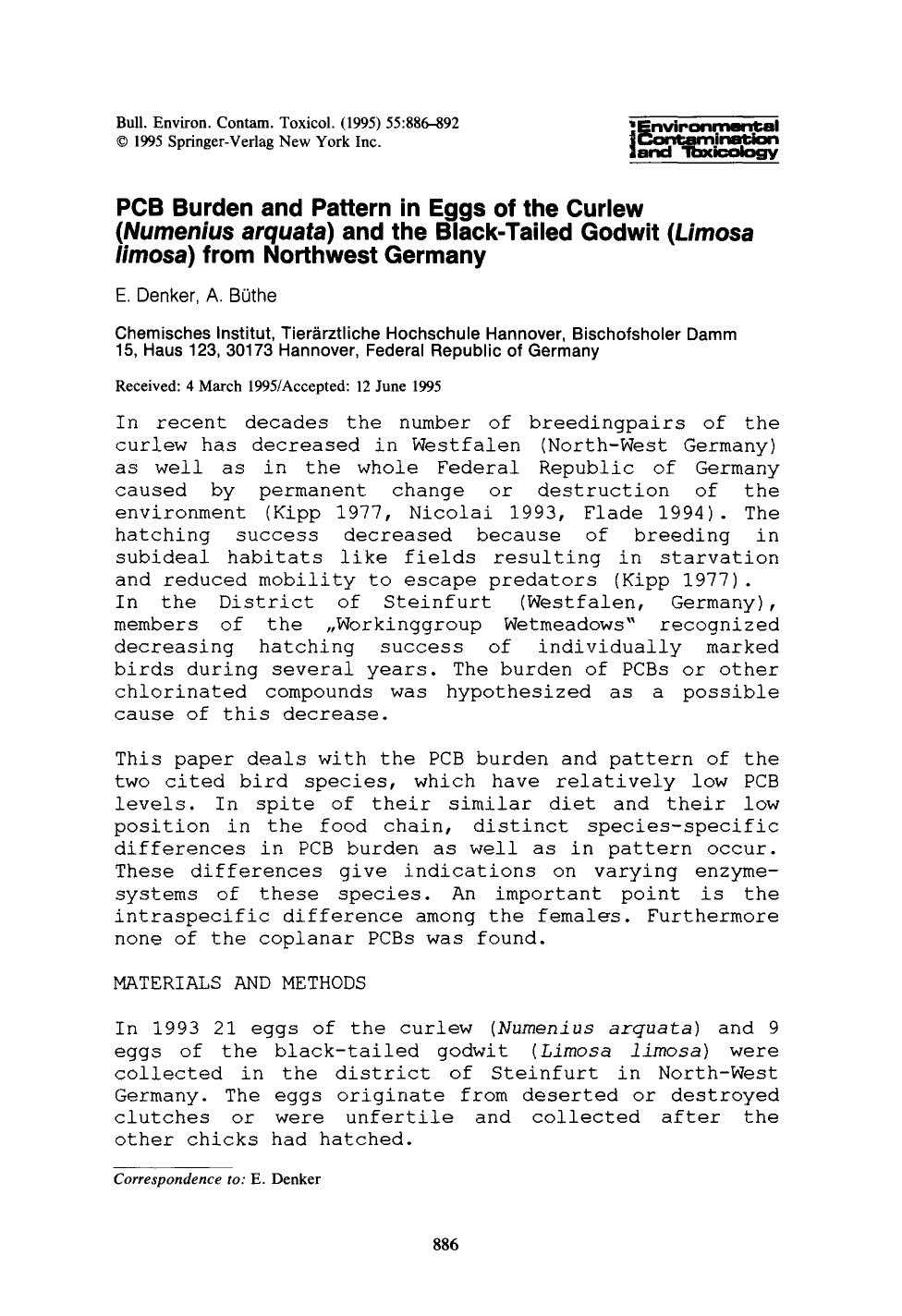 PCB burden and pattern in eggs of the curlew (<Emphasis Type="Italic">Numenius arquata<Emphasis>) and the black-tailed godwit (<Emphasis Type="Italic">Limosa limosa<Emphasis>) from Northwest Germany by Unknown
