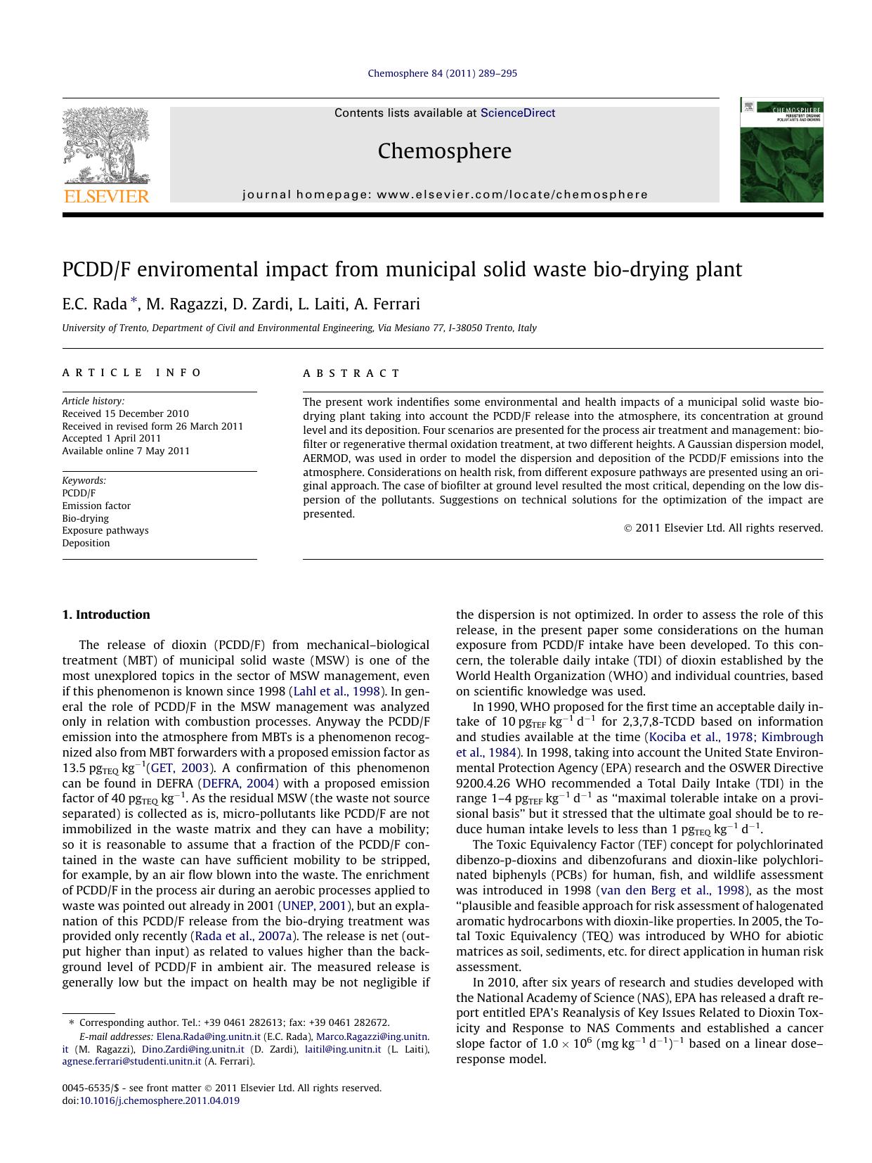 PCDDF enviromental impact from municipal solid waste bio-drying plant by E.C. Rada & M. Ragazzi & D. Zardi & L. Laiti & A. Ferrari
