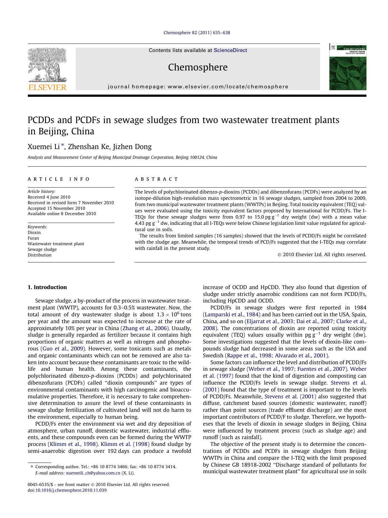 PCDDs and PCDFs in sewage sludges from two wastewater treatment plants in Beijing, China by Xuemei Li & Zhenshan Ke & Jizhen Dong